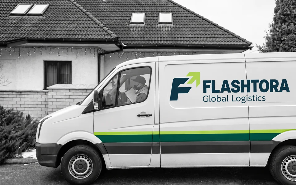 FLASHTORA lettering on the side panel of a white delivery van