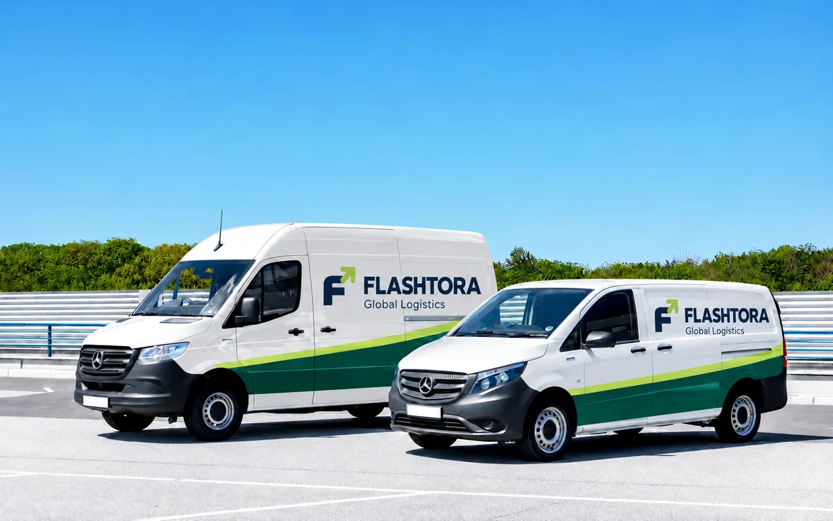 FLASHTORA Global Logistics delivery vans with green and lime graphics