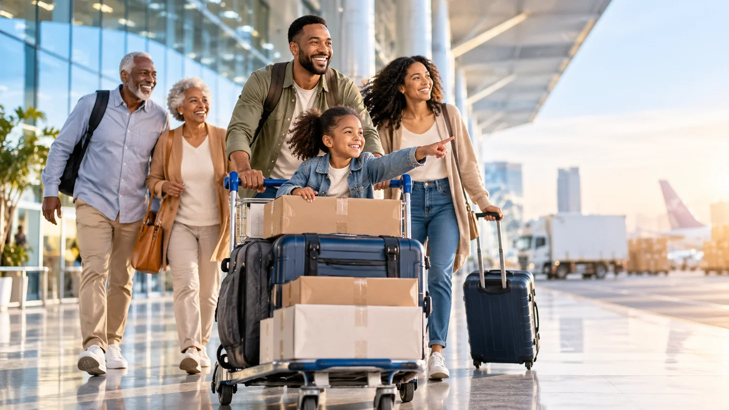 Smiling multigenerational family pushing a cart with parcels and luggage through an airport terminal